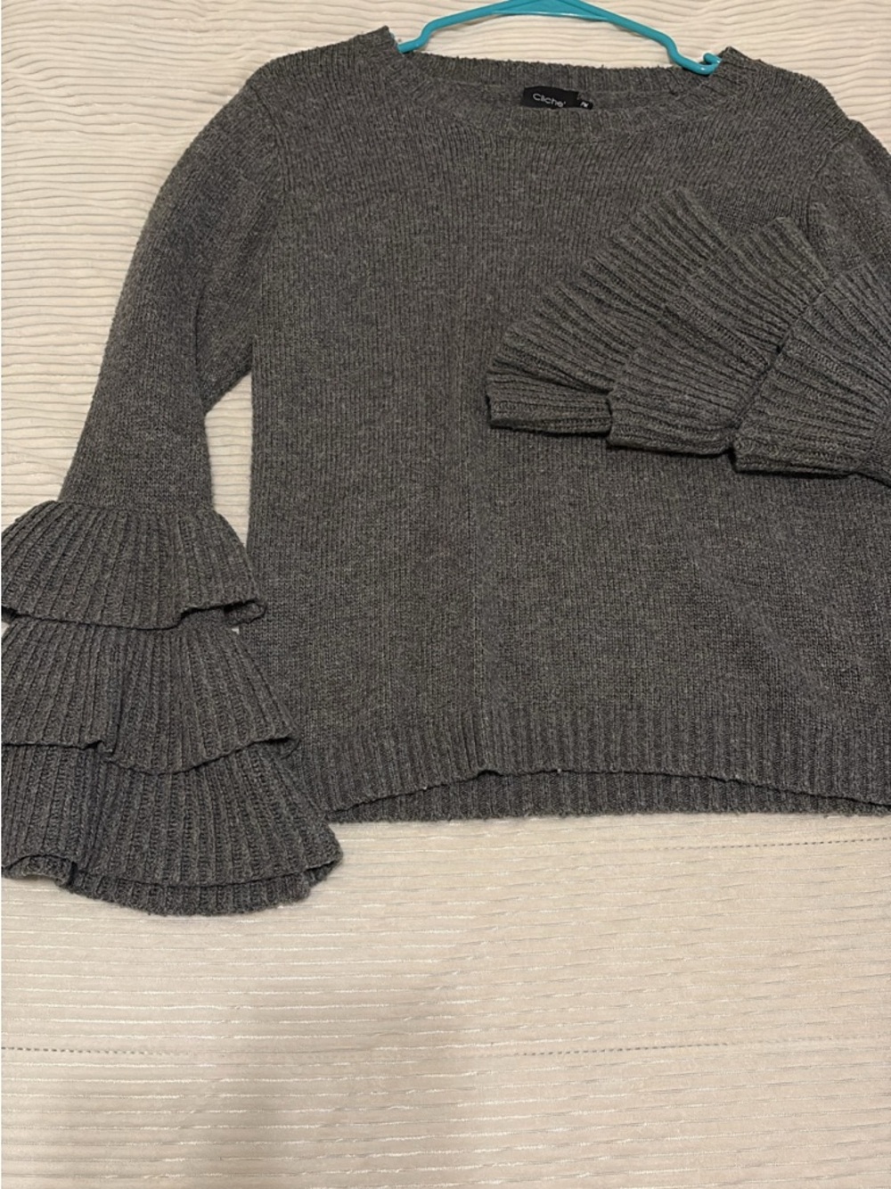 Charter Club Dark Gray Layered Ruffle-Sleeve Crew Sweater